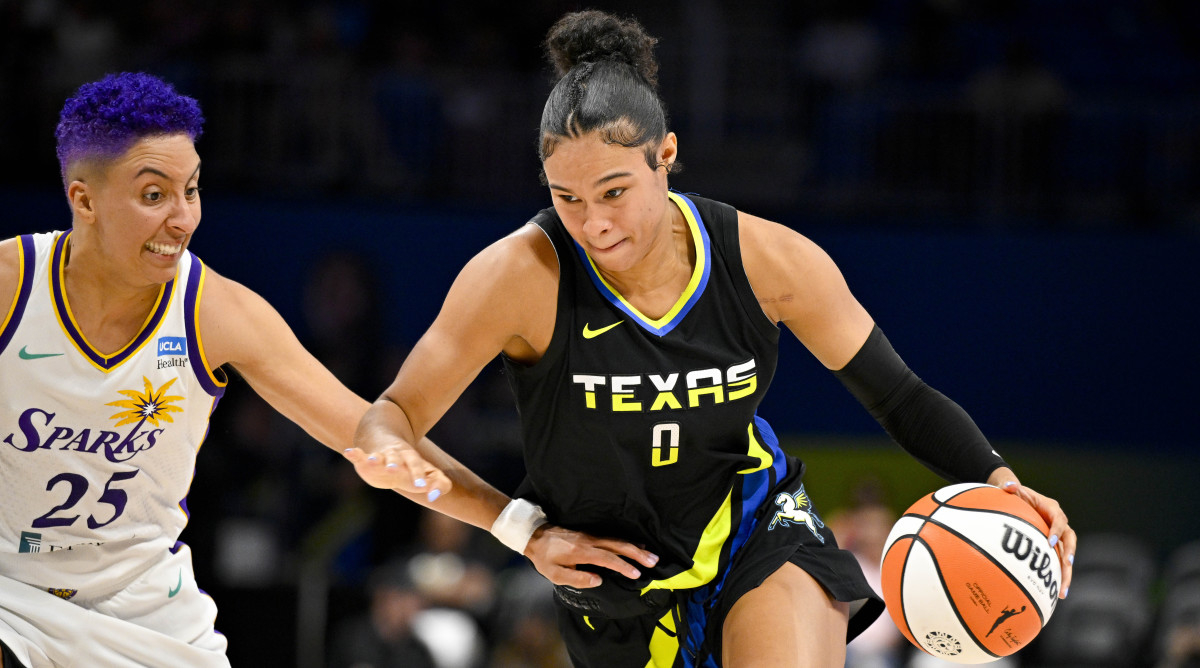 Wings forward Satou Sabally dribbles and drives to the basket past Sparks guard Layshia Clarendon.